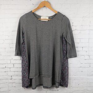 PUELLA BLACK & GREY STRIPE WITH GREY & PINK FLORAL SIDE PANELS TUNIC TOP SIZE S